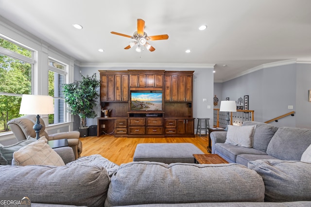 160 Evans Dr, Bogart, GA 30622 - living room featuring light wood-style floors, ornamental molding, ceiling fan, and recessed lighting
