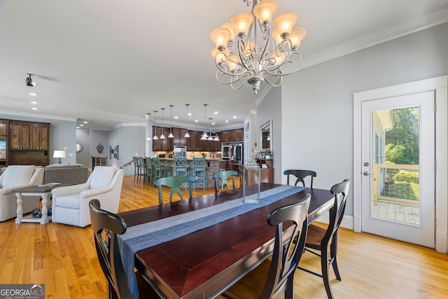 160 Evans Dr, Bogart, GA 30622 - dining area featuring crown molding, a chandelier, light wood-type flooring, and recessed lighting