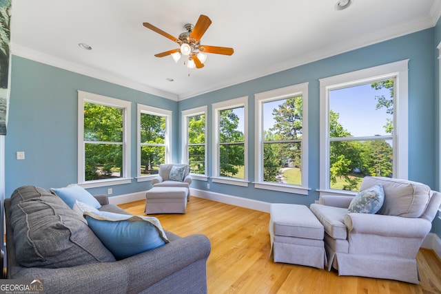 160 Evans Dr, Bogart, GA 30622 - living room featuring plenty of natural light, ceiling fan, crown molding, light wood-style floors, and recessed lighting