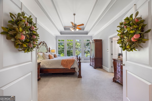 160 Evans Dr, Bogart, GA 30622 - bedroom with a tray ceiling, light carpet, ornamental molding, and a ceiling fan