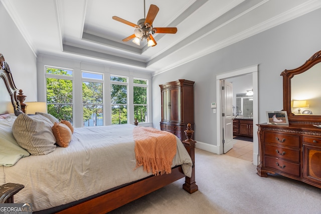 160 Evans Dr, Bogart, GA 30622 - bedroom featuring light carpet, connected bathroom, crown molding, baseboards, and ceiling fan