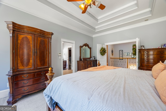 160 Evans Dr, Bogart, GA 30622 - bedroom with a raised ceiling, light colored carpet, crown molding, and a ceiling fan