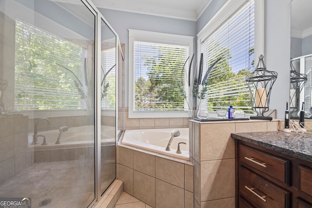 160 Evans Dr, Bogart, GA 30622 - full bathroom with vanity, ornamental molding, a garden tub, a shower stall, and tile patterned flooring