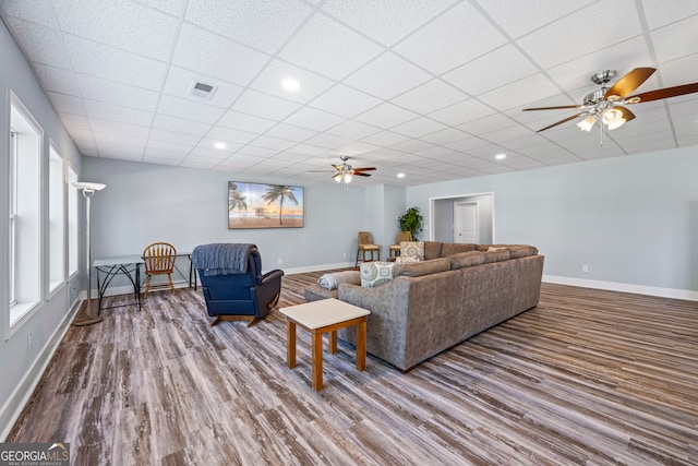 160 Evans Dr, Bogart, GA 30622 - living room featuring a ceiling fan, wood finished floors, baseboards, a drop ceiling, and recessed lighting