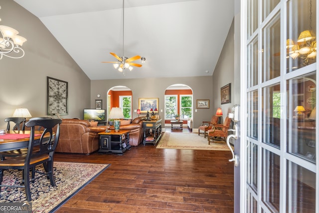 160 Evans Dr, Bogart, GA 30622 - living room with arched walkways, dark wood-style floors, high vaulted ceiling, and a ceiling fan