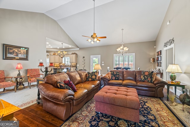 160 Evans Dr, Bogart, GA 30622 - living room featuring a chandelier, wood-type flooring, high vaulted ceiling, and ceiling fan