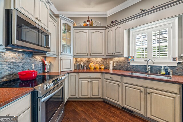 160 Evans Dr, Bogart, GA 30622 - kitchen featuring appliances with stainless steel finishes, a sink, dark wood-style floors, decorative backsplash, and glass insert cabinets