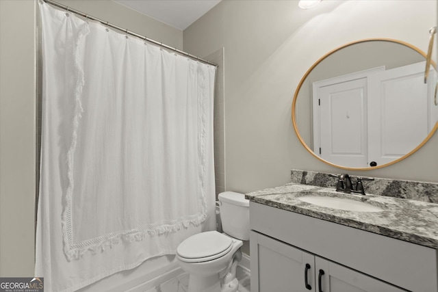738 Creekside Bnd, Alpharetta, GA 30004 - bathroom with vanity, shower / bath combination with curtain, toilet, and marble finish floor
