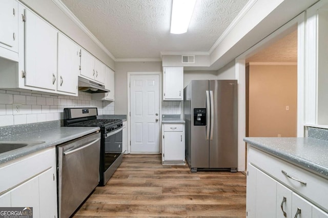 744 Brittany Ct, Stone Mountain, GA 30083 - kitchen with appliances with stainless steel finishes, under cabinet range hood, wood finished floors, white cabinetry, and tasteful backsplash