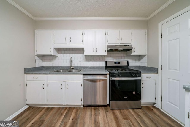 744 Brittany Ct, Stone Mountain, GA 30083 - kitchen with under cabinet range hood, stainless steel appliances, dark wood-style floors, and a sink