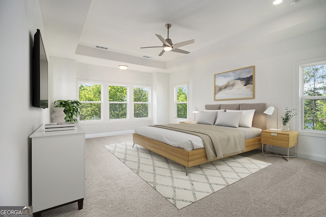 4039 Tallow Pl, Woodstock, GA 30188 - carpeted bedroom with visible vents, a ceiling fan, baseboards, and a tray ceiling