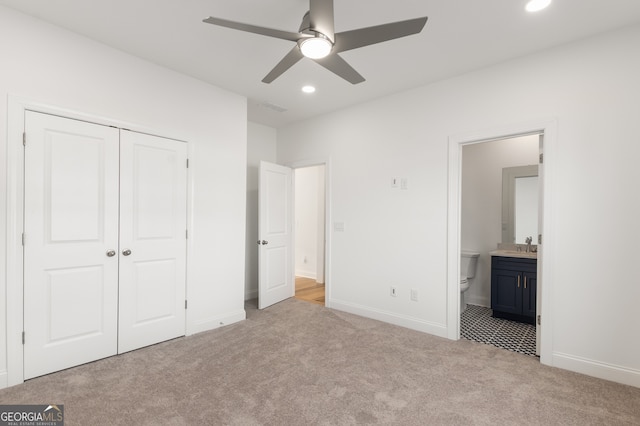 4039 Tallow Pl, Woodstock, GA 30188 - unfurnished bedroom with carpet flooring, recessed lighting, a closet, ensuite bath, and ceiling fan