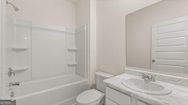 bathroom featuring toilet, shower / tub combination, and vanity