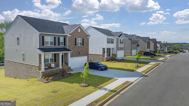 traditional-style home featuring covered porch, driveway, roof with shingles, a residential view, and a front lawn
