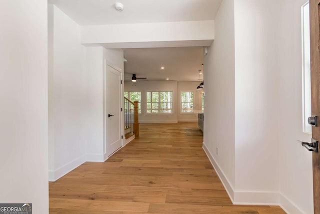 5734 Nix Bridge Rd, Gainesville, GA 30506 - hall featuring light wood-style floors, stairway, and recessed lighting