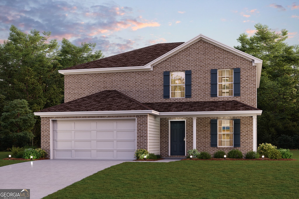 404 Clayton Scott St, Warner Robins, GA 31088 - traditional-style home featuring brick siding, concrete driveway, a front lawn, and a shingled roof