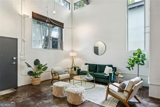 195 Arizona Ave Unit 104, Atlanta, GA 30307 - living room featuring finished concrete floors and a towering ceiling