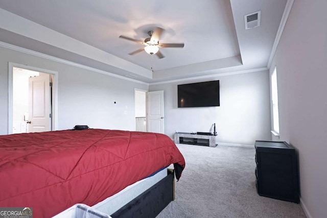125 Leveret Rd, Locust Grove, GA 30248 - bedroom featuring carpet flooring, a tray ceiling, baseboards, crown molding, and ceiling fan