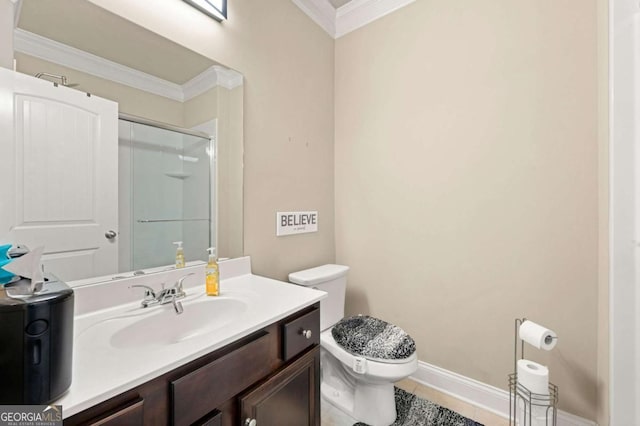 3755 Lake Haven Way, Atlanta, GA 30349 - bathroom with crown molding, a stall shower, toilet, tile patterned flooring, and vanity
