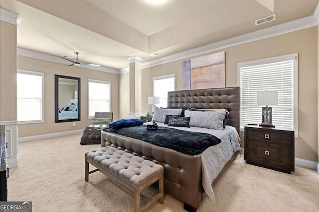 3755 Lake Haven Way, Atlanta, GA 30349 - bedroom featuring light colored carpet, crown molding, baseboards, a raised ceiling, and ornate columns