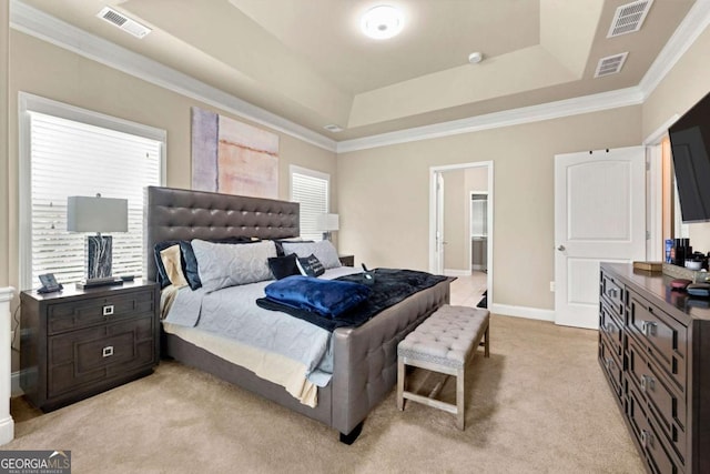 3755 Lake Haven Way, Atlanta, GA 30349 - bedroom with a tray ceiling, light colored carpet, crown molding, and baseboards