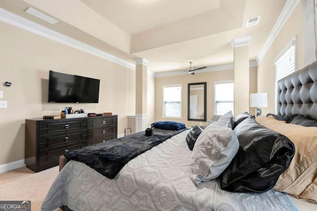 3755 Lake Haven Way, Atlanta, GA 30349 - bedroom featuring decorative columns, multiple windows, carpet, ornamental molding, and baseboards