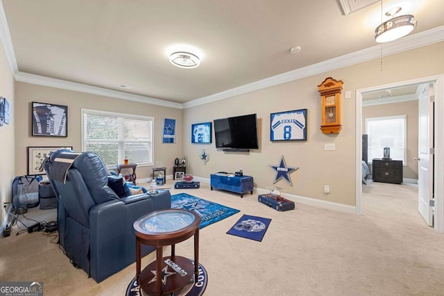 3755 Lake Haven Way, Atlanta, GA 30349 - living area featuring attic access, ornamental molding, light colored carpet, and baseboards