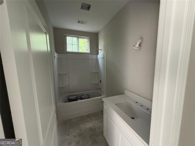 full bathroom with shower / washtub combination, visible vents, and vanity