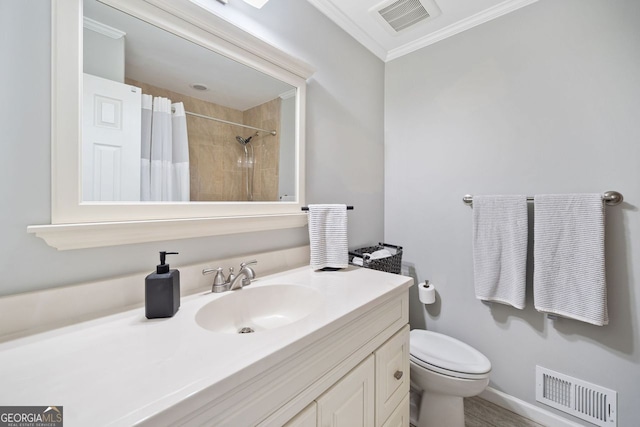 3415 Trickum Rd, Woodstock, GA 30188 - bathroom with crown molding, a shower with shower curtain, toilet, and vanity