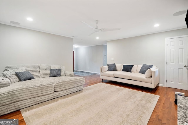 3415 Trickum Rd, Woodstock, GA 30188 - living area with ornamental molding, a ceiling fan, wood finished floors, recessed lighting, and baseboards