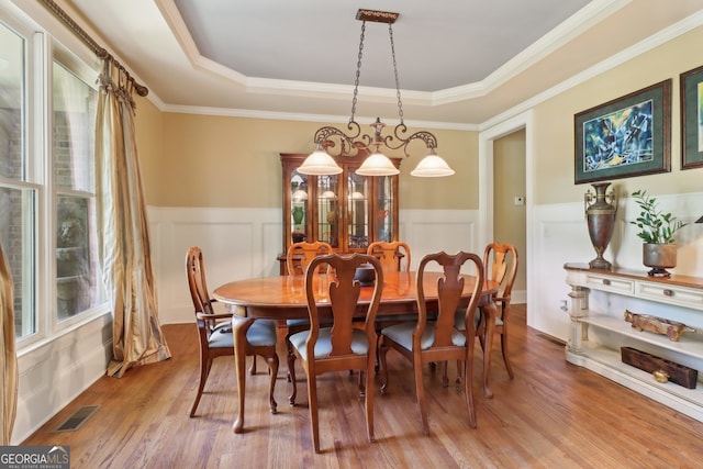 121 Ridge View Dr, Ball Ground, GA 30107 - dining room featuring a tray ceiling, a wainscoted wall, plenty of natural light, wood finished floors, and crown molding