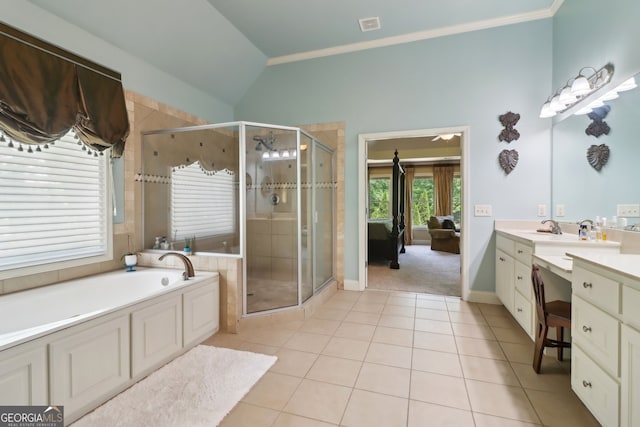 121 Ridge View Dr, Ball Ground, GA 30107 - bathroom with vanity, a garden tub, a stall shower, tile patterned flooring, and lofted ceiling