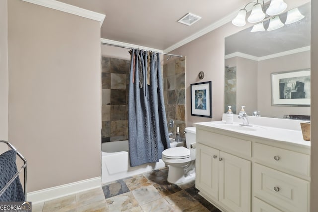 121 Ridge View Dr, Ball Ground, GA 30107 - full bath with vanity, shower / bath combo, crown molding, a chandelier, and stone finish floors
