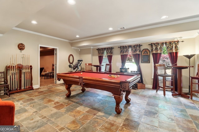 121 Ridge View Dr, Ball Ground, GA 30107 - game room with ornamental molding, stone tile floors, recessed lighting, and billiards