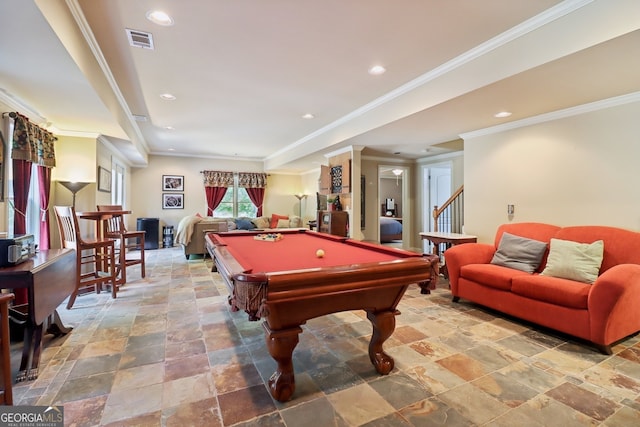 121 Ridge View Dr, Ball Ground, GA 30107 - rec room featuring ornamental molding, stone finish flooring, recessed lighting, and billiards