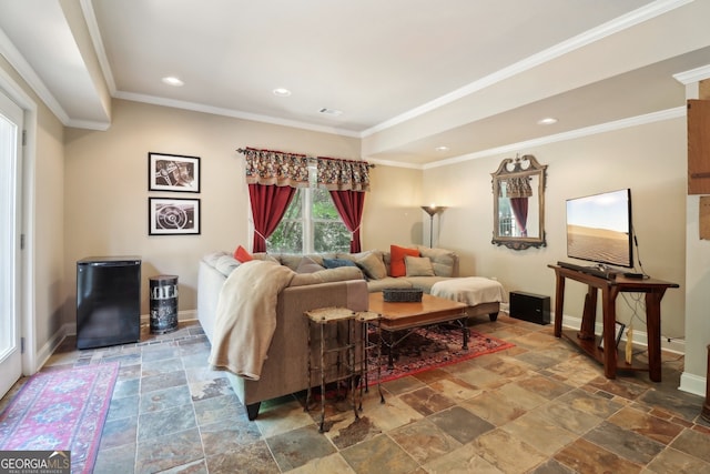 121 Ridge View Dr, Ball Ground, GA 30107 - living area with stone tile flooring, recessed lighting, and ornamental molding