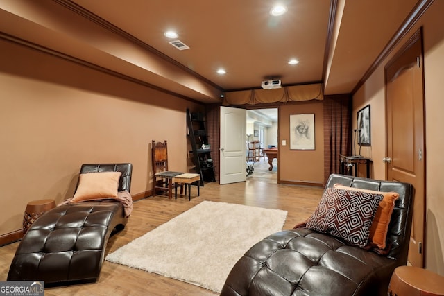 121 Ridge View Dr, Ball Ground, GA 30107 - cinema room with light wood-style flooring, ornamental molding, and recessed lighting