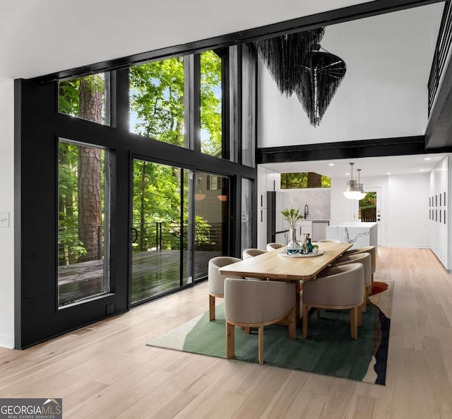 5020 Vallo Vista Ct, Atlanta, GA 30342 - dining area featuring wood finished floors and a towering ceiling