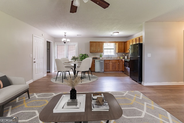 67 Jennifer Ln, Rydal, GA 30171 - living area with a chandelier, wood finished floors, a ceiling fan, and a textured ceiling