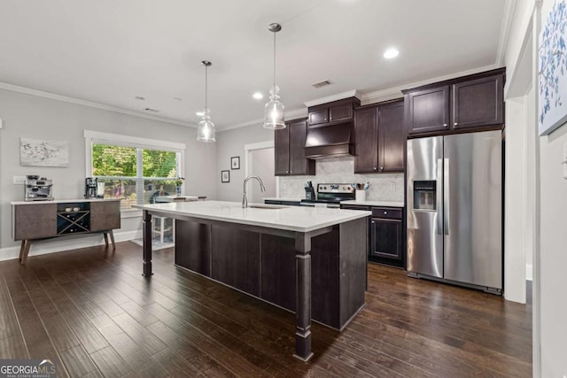 kitchen featuring crown molding, appliances with stainless steel finishes, dark brown cabinets, a sink, and light countertops