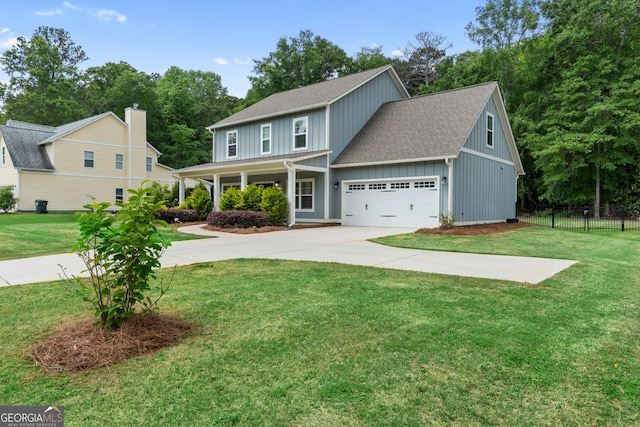view of front facade with board and batten siding, roof with shingles, fence, a front lawn, and concrete driveway