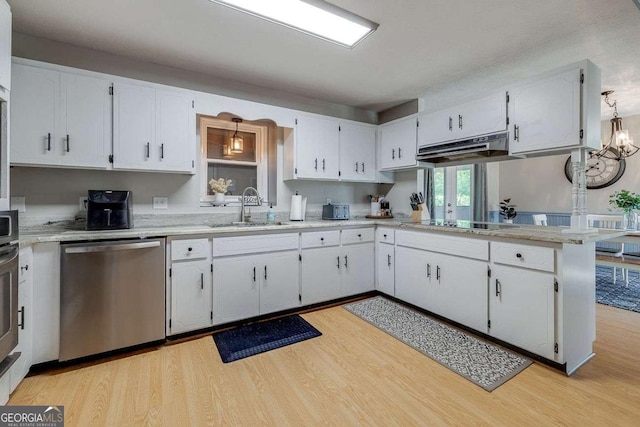 kitchen with stainless steel dishwasher, black electric cooktop, under cabinet range hood, a sink, and light wood finished floors