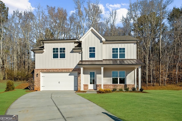 view of front of property featuring brick siding, a garage, board and batten siding, and concrete driveway