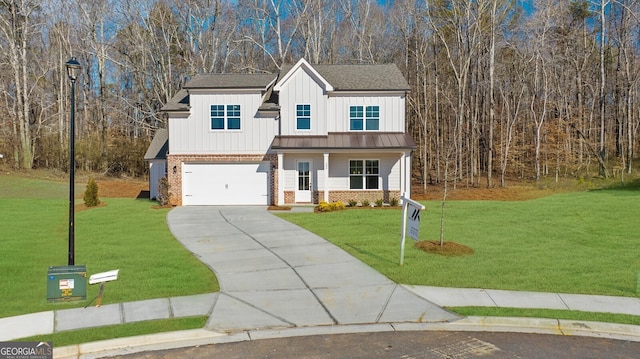 traditional home featuring board and batten siding, a front yard, brick siding, concrete driveway, and an attached garage