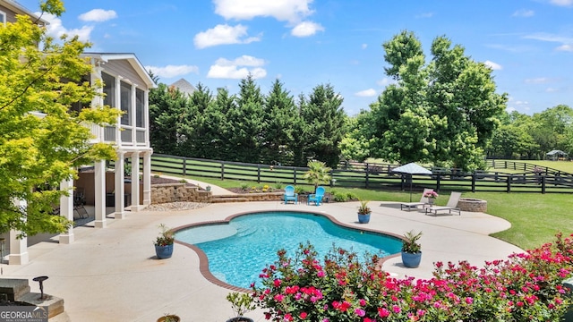 view of swimming pool with a fenced backyard, a fenced in pool, a yard, and a patio area