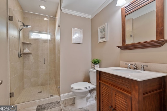 full bathroom with visible vents, a stall shower, vanity, toilet, and ornamental molding
