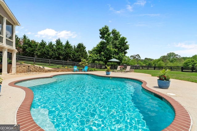 view of swimming pool featuring a fenced in pool, a fenced backyard, and a patio area