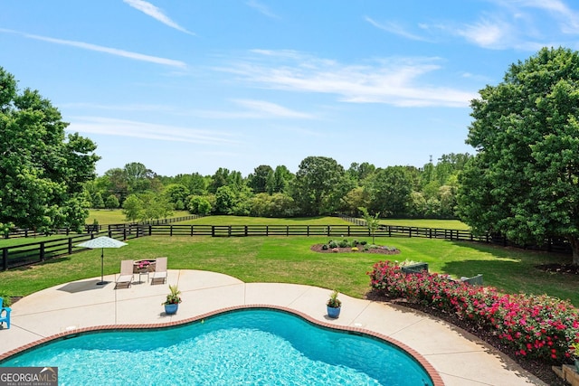 view of swimming pool featuring a lawn, a patio, a fenced in pool, and a fenced backyard