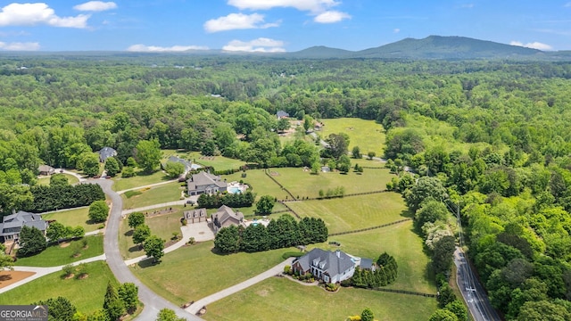 drone / aerial view featuring a view of trees and a mountain view