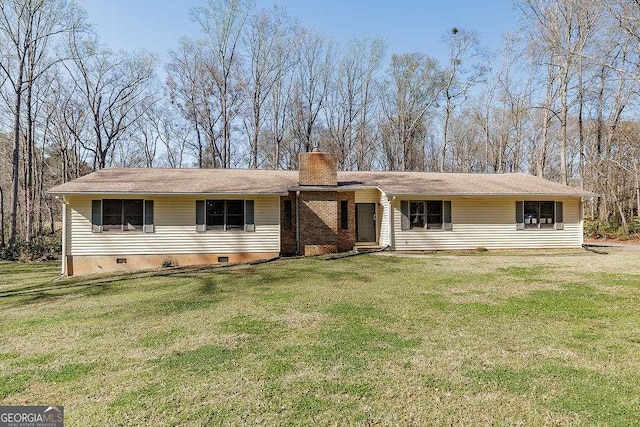 ranch-style house with a front lawn, crawl space, and a chimney